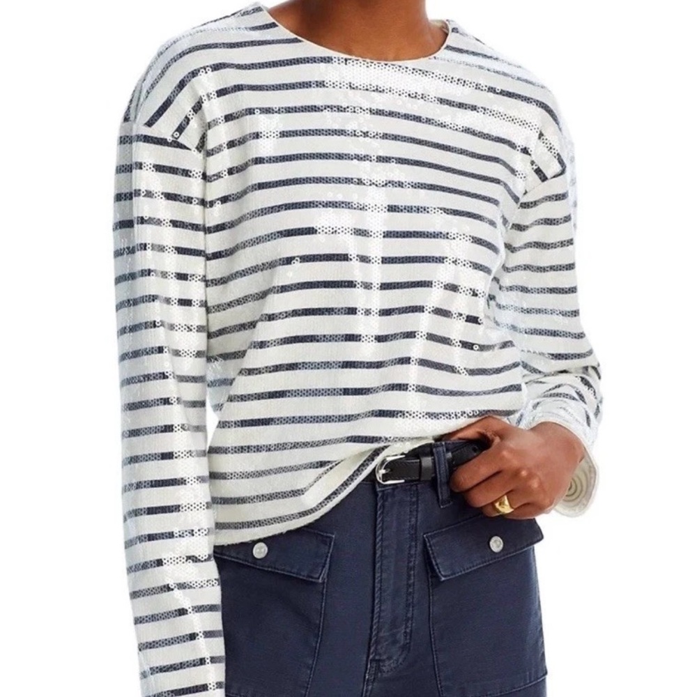 Frame Denim White and Navy Striped Sequin Long-Sleeve Top
